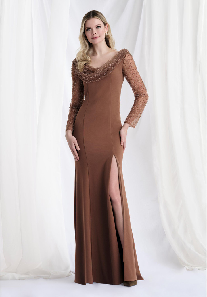 Morilee MGNY 73156 Stretch Crepe Cowl Neck Long Sleeves Gown