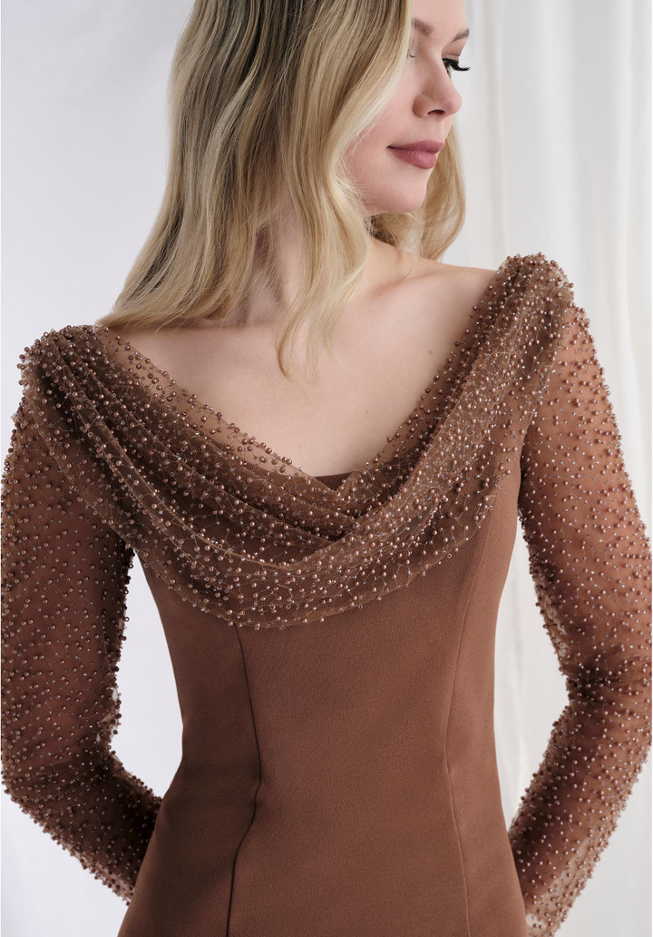 MGNY By Morilee 73156 Crepe Cowl Neck Long Sleeves Gown