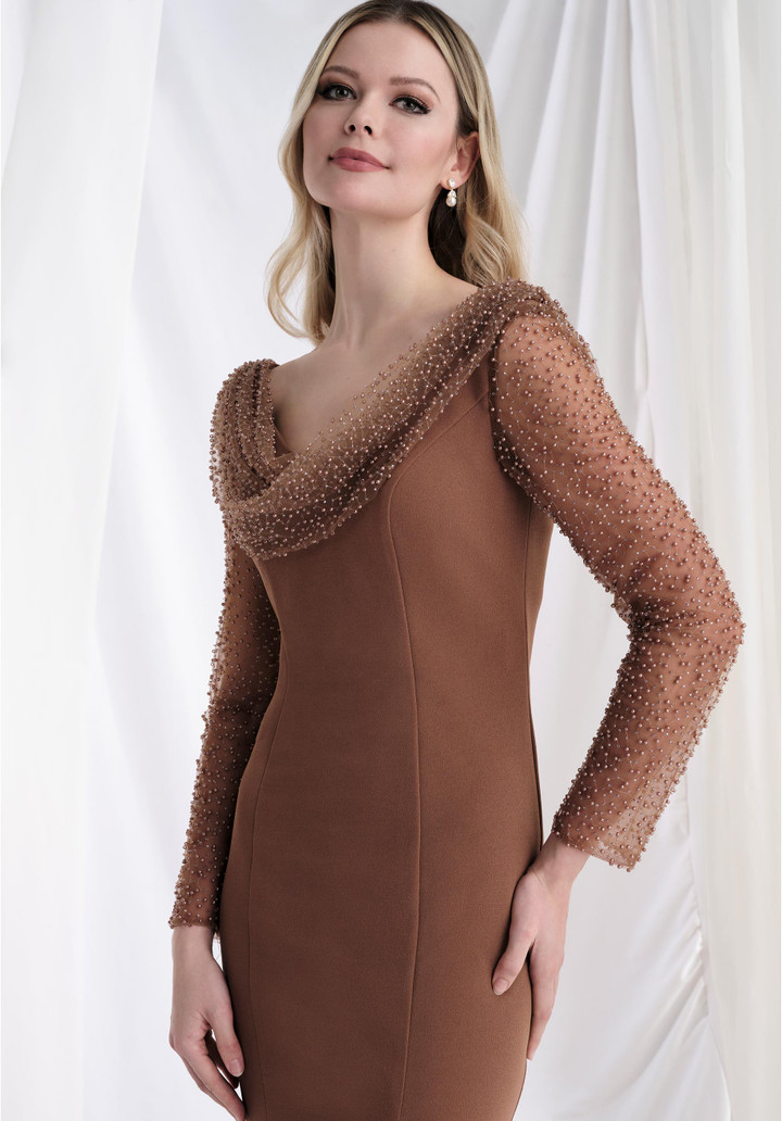 Morilee MGNY 73156 Stretch Crepe Cowl Neck Long Sleeves Gown