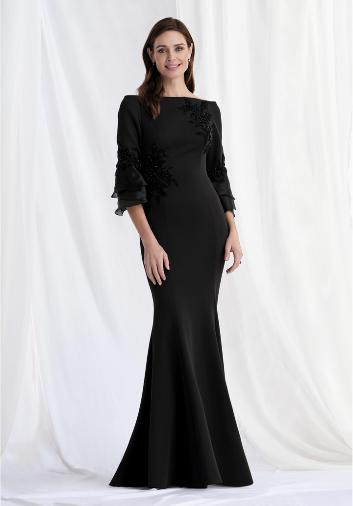 MGNY By Morilee 73157 Scuba Bateau Neck Ruffle Sleeve Gown