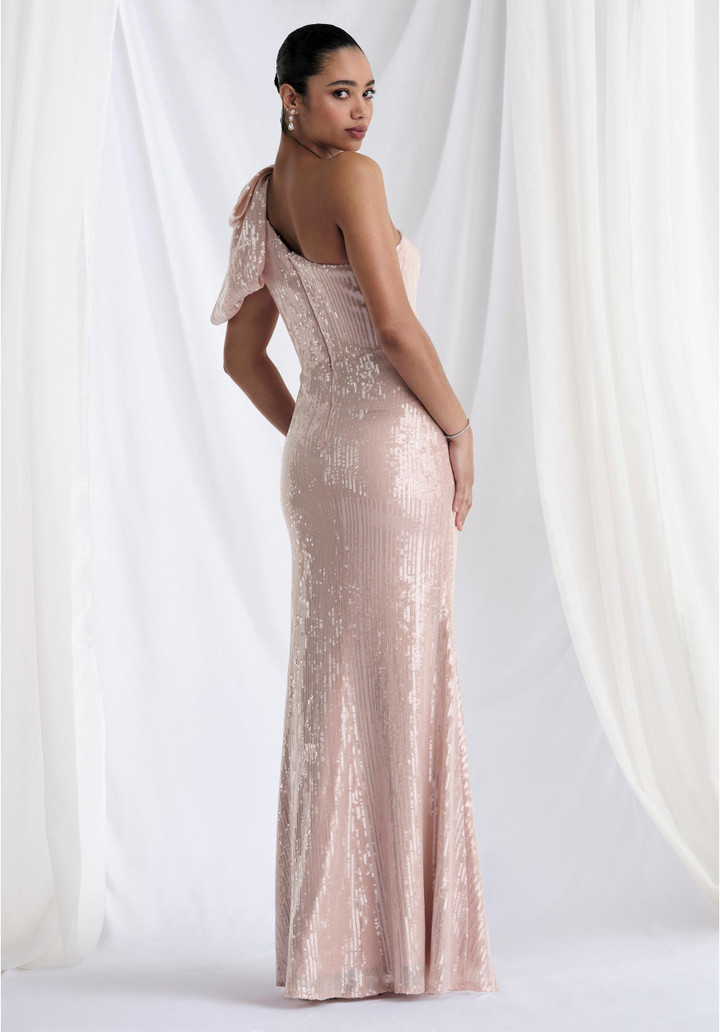 Morilee MGNY 73158 Bow Sequin One Shoulder Sleeveless Gown