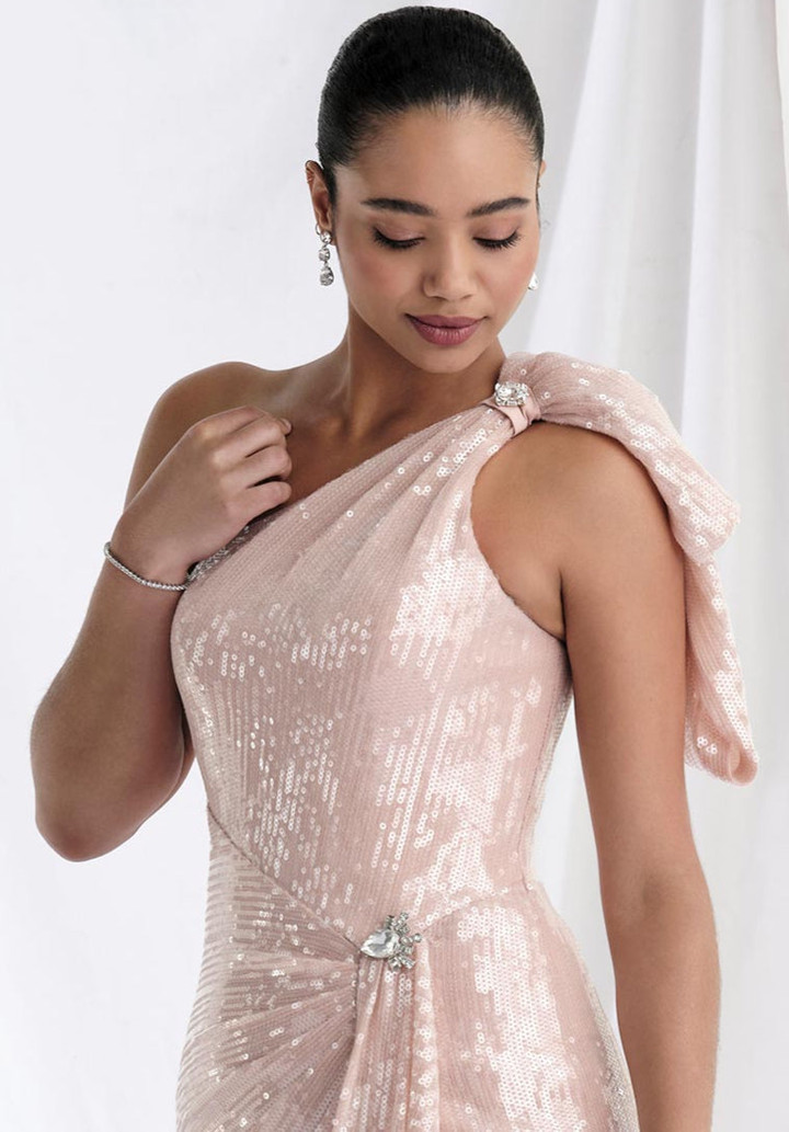Morilee MGNY 73158 Bow Sequin One Shoulder Sleeveless Gown