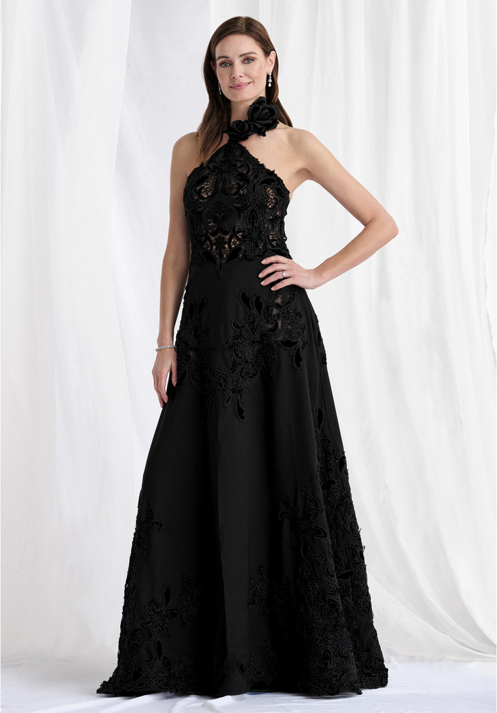 Morilee MGNY 73159 Lace Velvet Halter Neck Sleeveless Gown