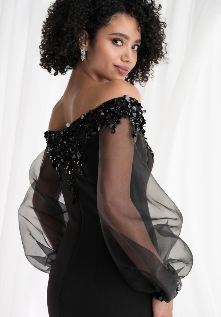 Morilee MGNY 73162 Beaded Off Shoulder Blouson Sleeves Gown