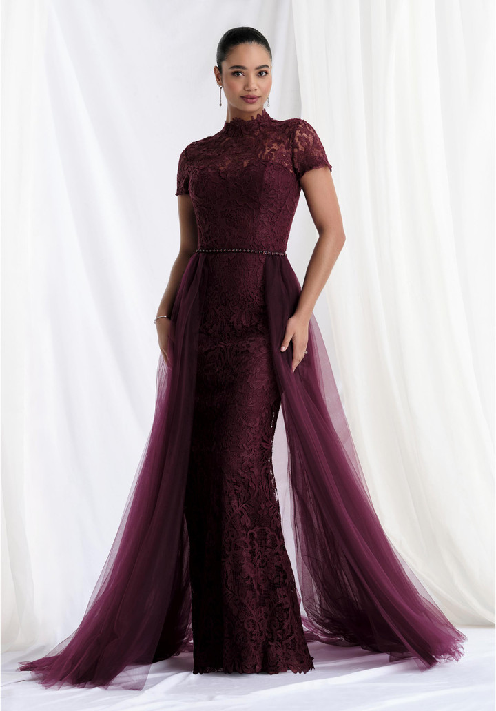 Morilee MGNY 73164 Lace High Neck Cap Sleeves Sheath Gown