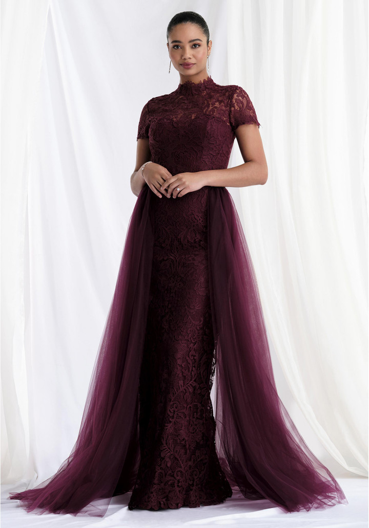 Morilee MGNY 73164 Lace High Neck Cap Sleeves Sheath Gown