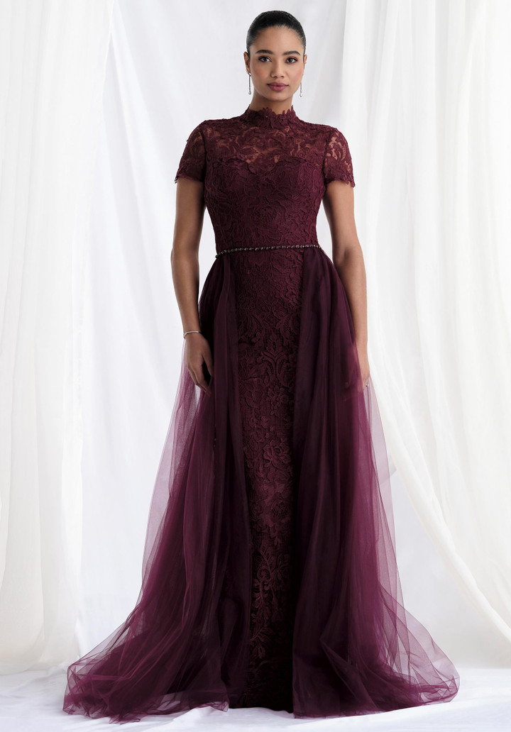 Morilee MGNY 73164 Lace High Neck Cap Sleeves Sheath Gown