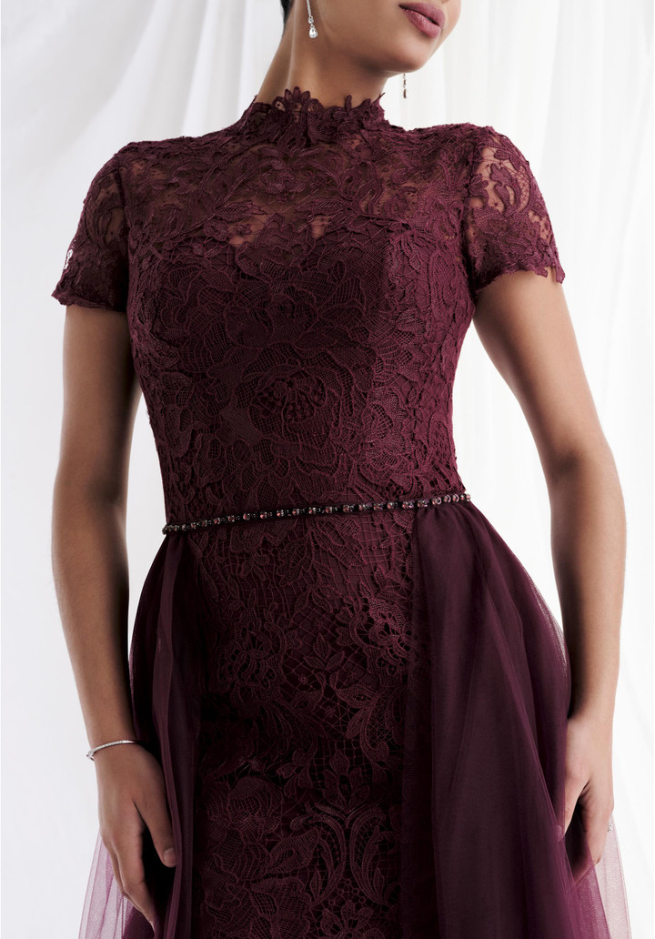 Morilee MGNY 73164 Lace High Neck Cap Sleeves Sheath Gown