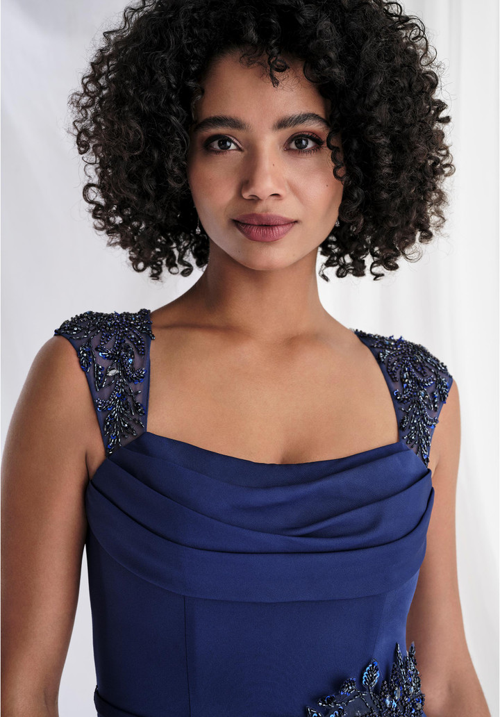 Morilee MGNY 73179 Scuba Knit Beaded Cap Sleeves A-line Gown