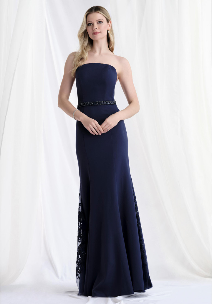 Morilee MGNY 73182 Crepe Strapless Crescent Neck Long Gown