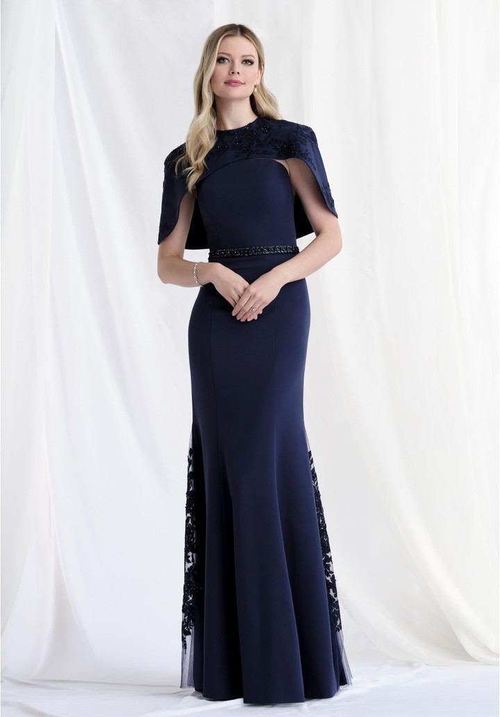 Morilee MGNY 73182 Crepe Strapless Crescent Neck Long Gown