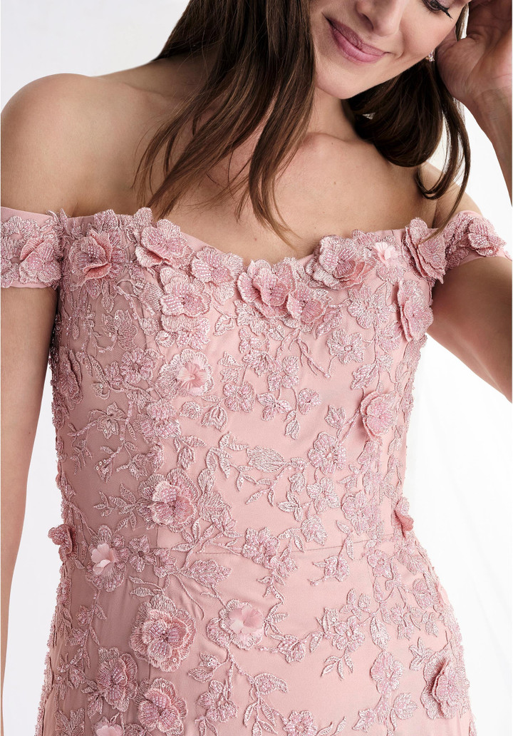 Morilee MGNY 73184 Floral Crepe Beaded Off The Shoulder Gown