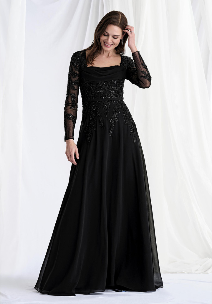 Morilee MGNY 73185 Chiffon Beaded Net Long Sleeve Long Gown