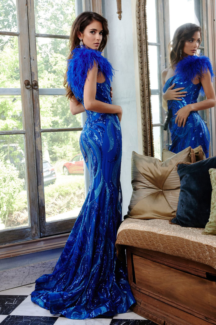 Jovani 32596 Embellished Sequins Feathers One Shoulder Gown