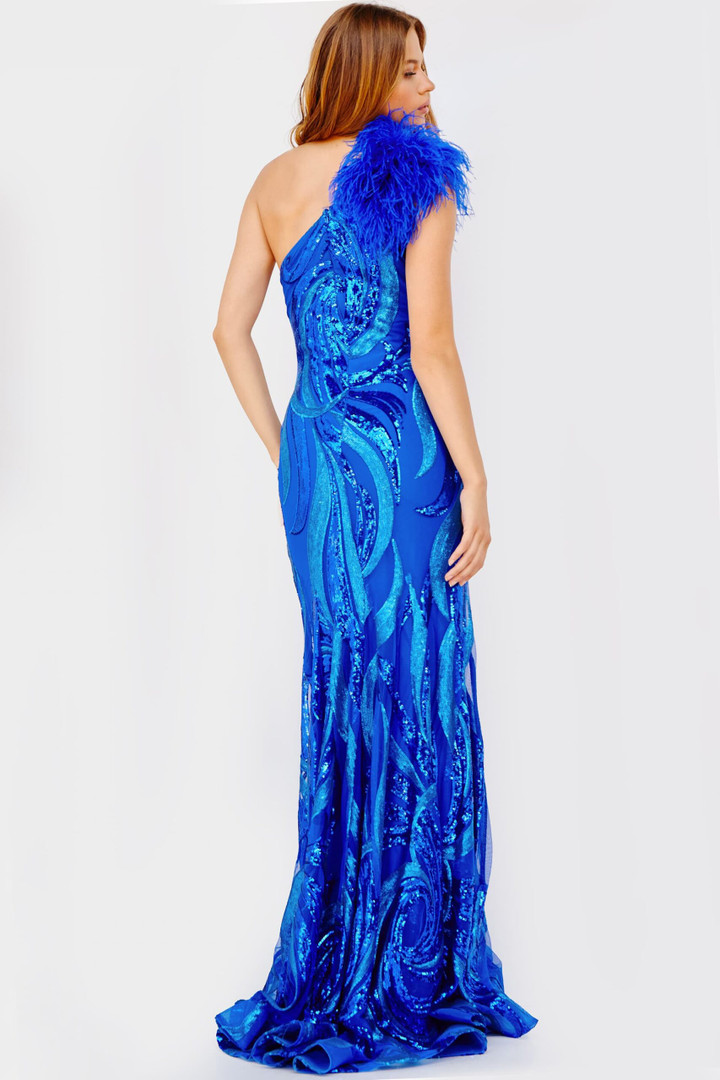 Jovani 32596 Embellished Sequins Feathers One Shoulder Gown