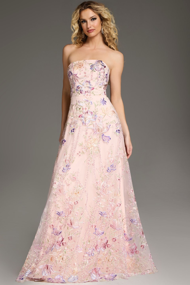 Jovani 39144 Floral Embroidery Strapless Straight Neck Gown