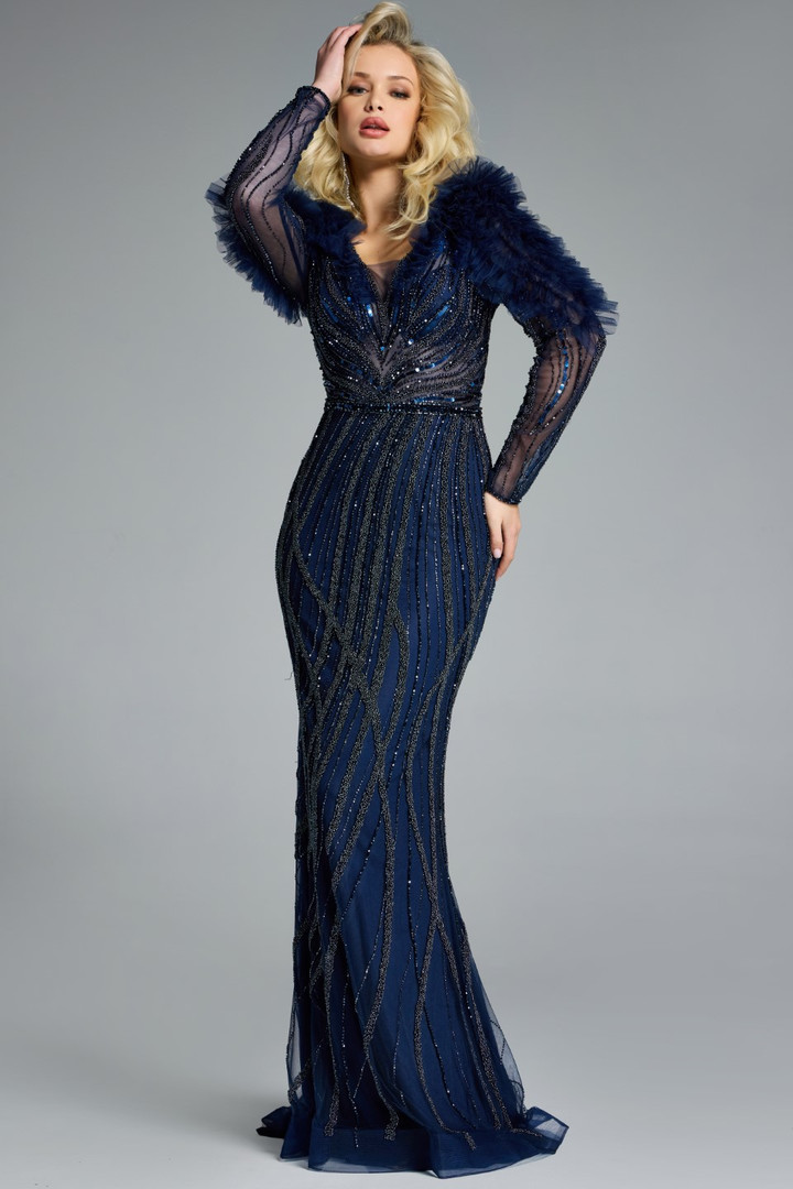 Jovani 42367 Sequin Beaded Sheer Sleeves V-Neck Evening Gown