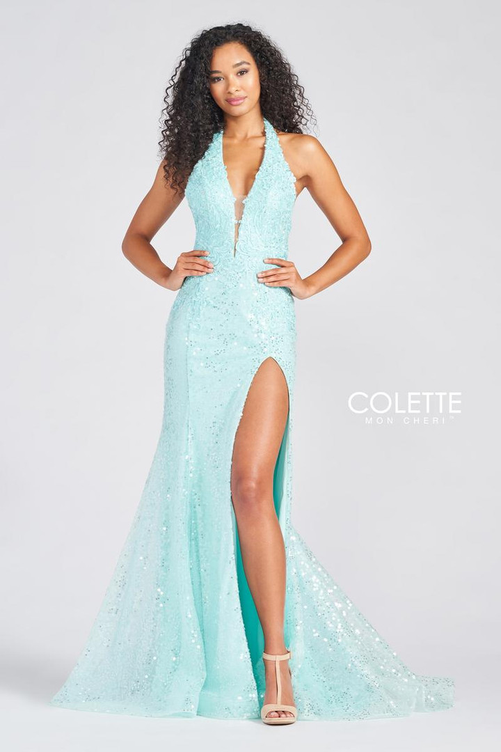 Colette by Daphne CL12234 Stretch Sequins Halter Neck Gown