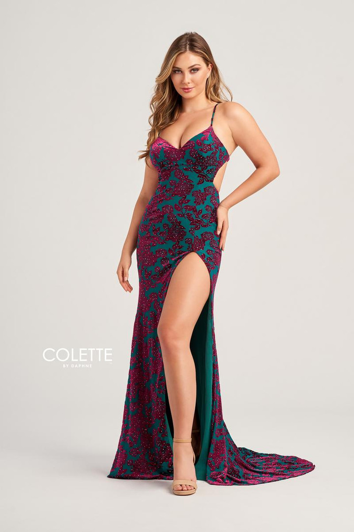 Colette by Daphne CL5119 Burnout Velvet Spaghetti Strap Gown