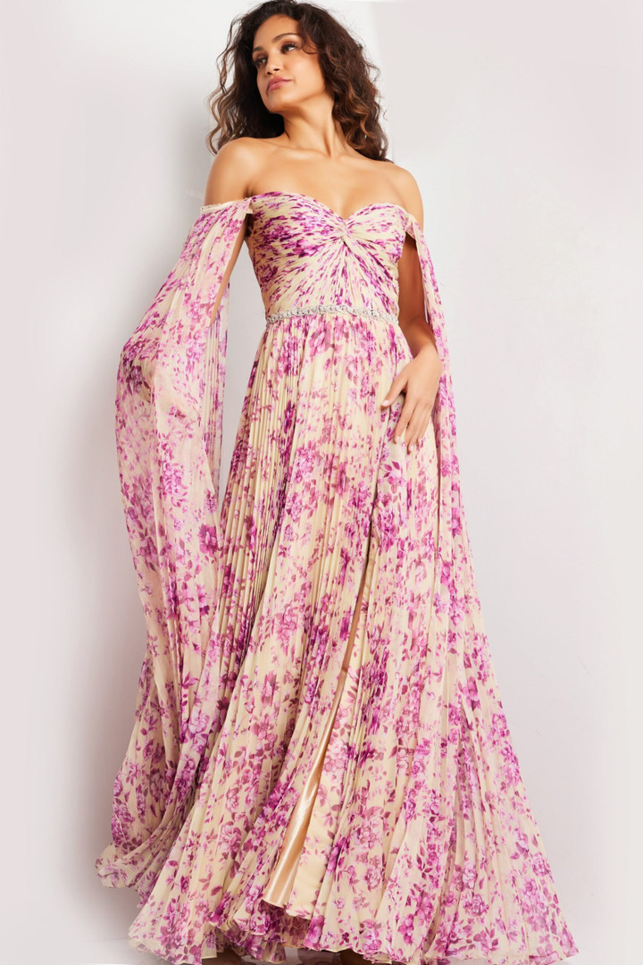Jovani 26141 Print Chiffon Off Shoulder Pleated Maxi Dress