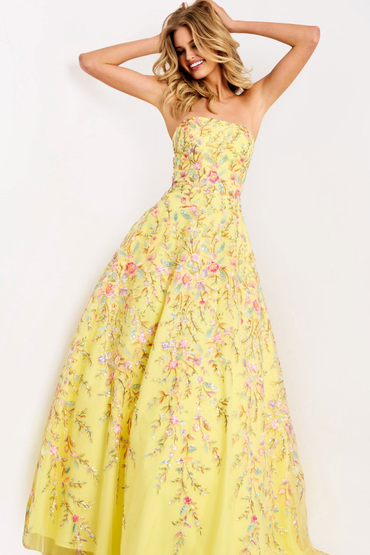 Jovani 49070 Floral Embroidery Straight Neck Strapless Dress