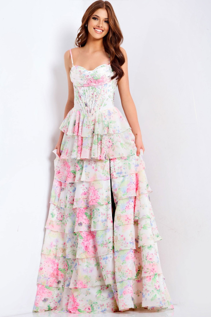 Jovani 47282 Layered Ruffle Spaghetti Straps Fitted Dress