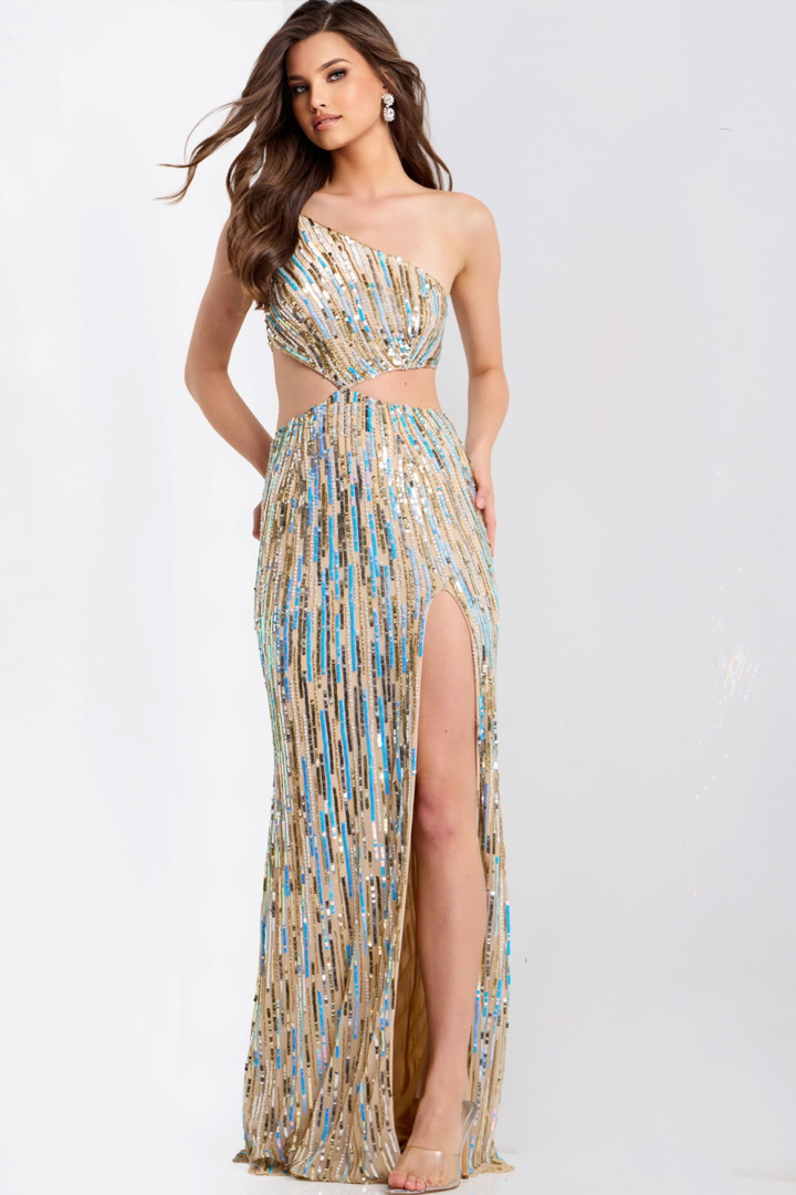 Jovani 48526 Sequins Asymmetric Neck Sleeveless Fitted Dress