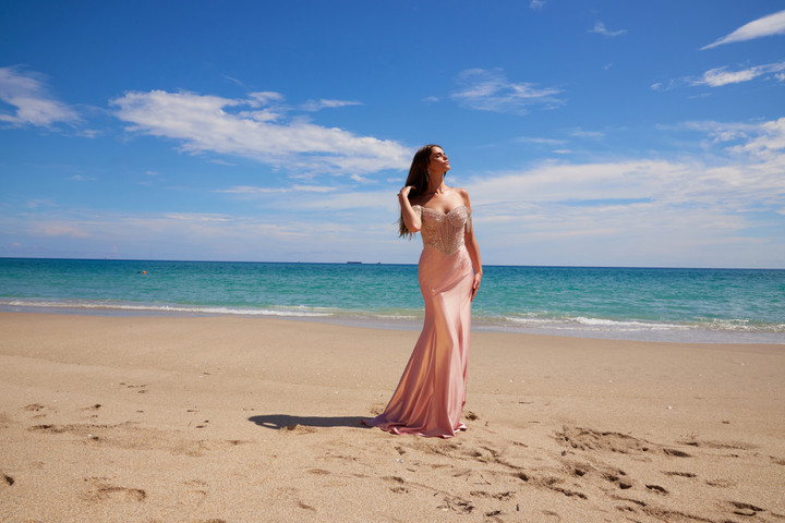 Nox Anabel F1568 Stretch Satin Beaded Off-shoulder Dress