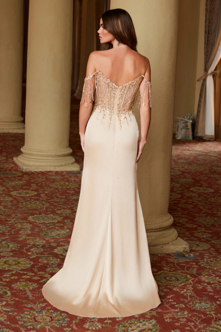 Nox Anabel F1571 Satin Sequin Fringed Off-shoulder Dress