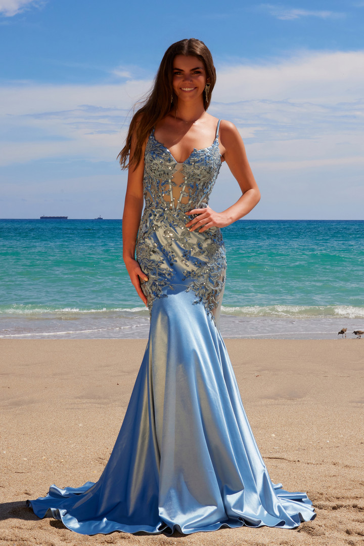 Nox Anabel E1532 Stretch Satin Sequin Boned Waist Prom Dress