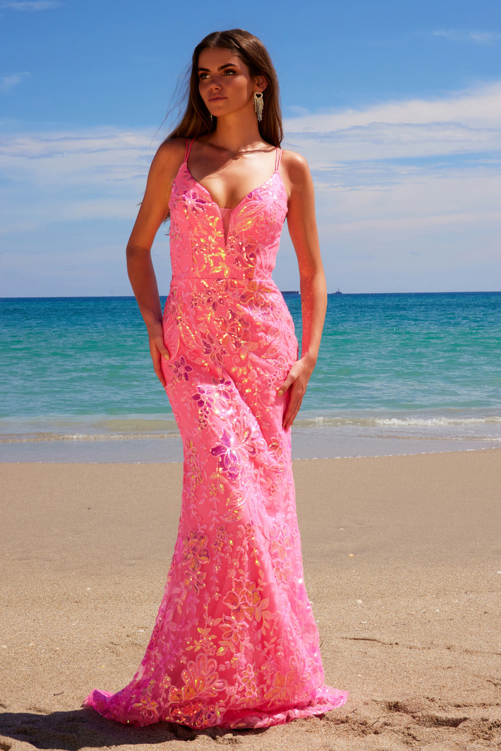 Nox Anabel A1587 Sequined Tulle V-Neck Sleeveless Prom Dress