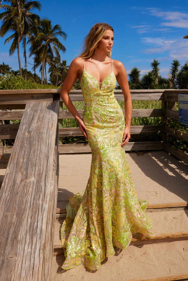 Nox Anabel Q1540 Floral Sequin Tulle V-Neck Sleeveless Dress