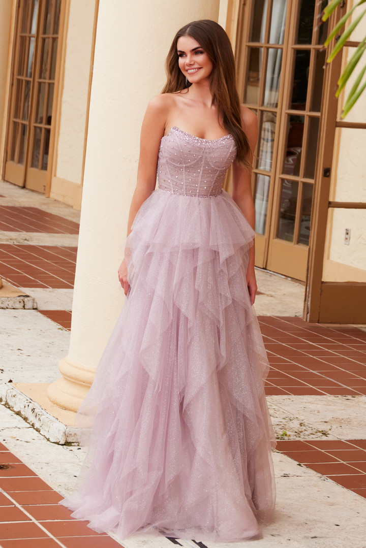Nox Anabel A1591 Layered Glitter Tulle Strapless Prom Dress