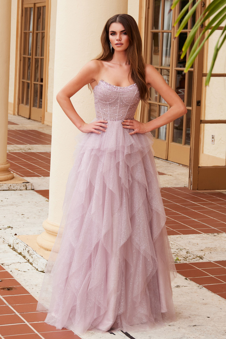 Nox Anabel A1591 Layered Glitter Tulle Strapless Prom Dress