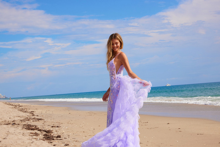 Nox Anabel Q1542 Sequin Tulle V-neck Spaghetti Straps Dress