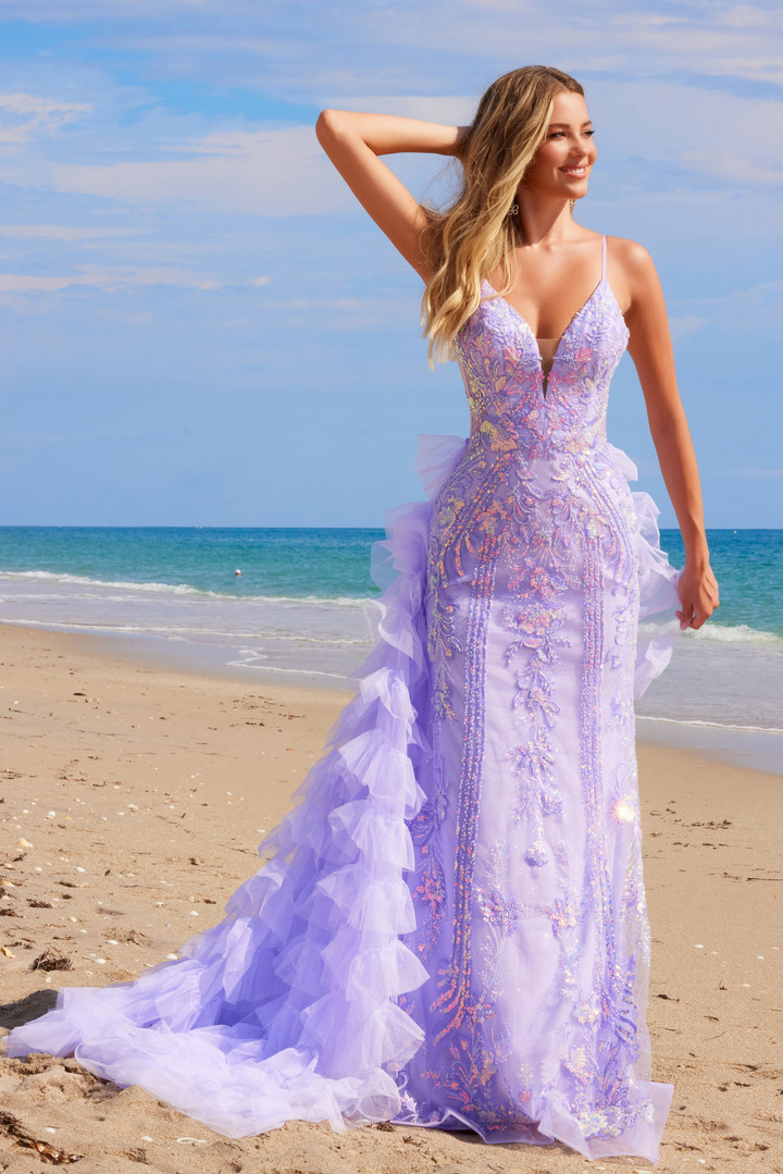 Nox Anabel Q1542 Sequin Tulle V-neck Spaghetti Straps Dress