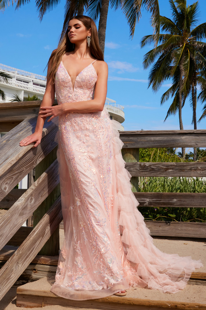 Nox Anabel Q1542 Sequin Tulle V-neck Spaghetti Straps Dress