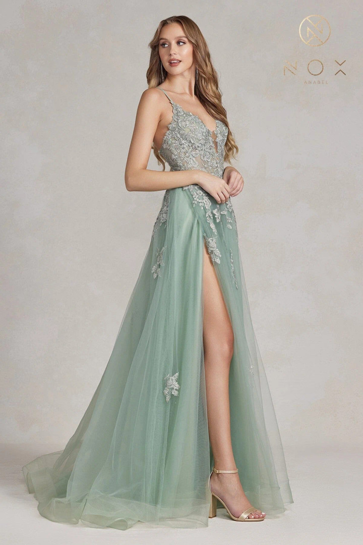Nox Anabel G1149 Polyester Tulle Embellished V-neck Dress