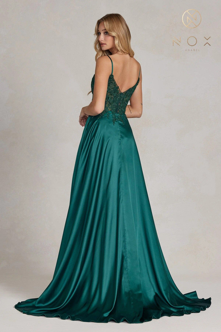 Nox Anabel K1121 Satin Beaded Embroidered V-neck Prom Gown Nox Anabel K1121 Satin Beaded Embroidered V-neck Prom Gown