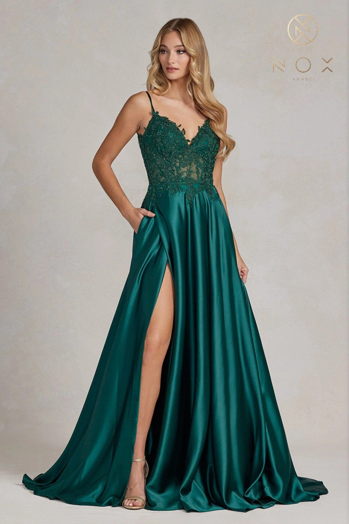 Nox Anabel K1121 Satin Beaded Embroidered V-neck Prom Gown Nox Anabel K1121 Satin Beaded Embroidered V-neck Prom Gown