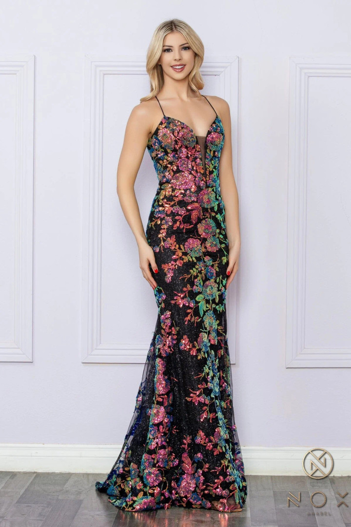 Nox Anabel R1439 Sequined Embroidery Spaghetti Straps Dress