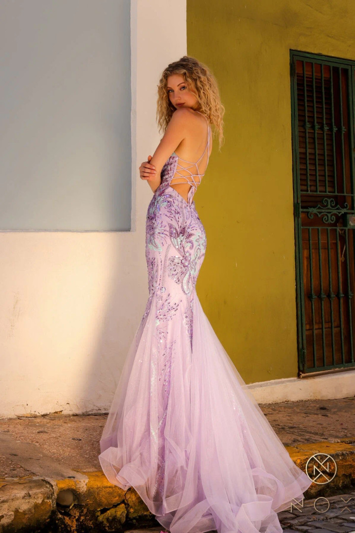 Nox Anabel C1416 Full Iridescent V-neckline Sleeveless Gown