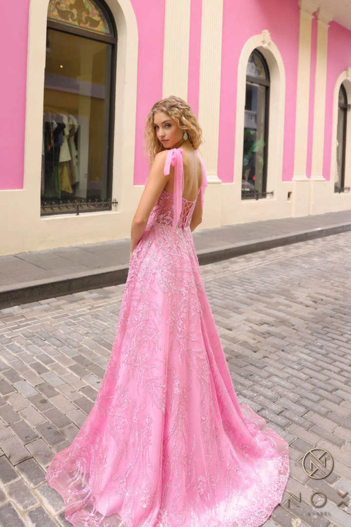 Nox Anabel T1336 Glitter Print V-neck Sleeveless Prom Dress