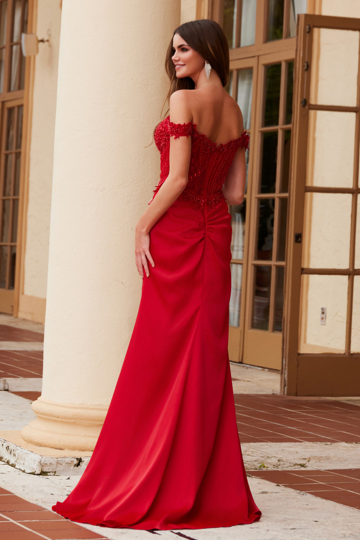 Nox Anabel F1572 Stretch Satin Sequin Applique Prom Dress