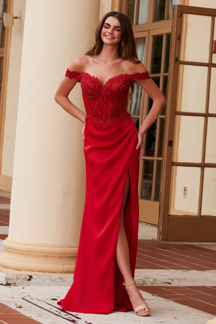 Nox Anabel F1572 Stretch Satin Sequin Applique Prom Dress