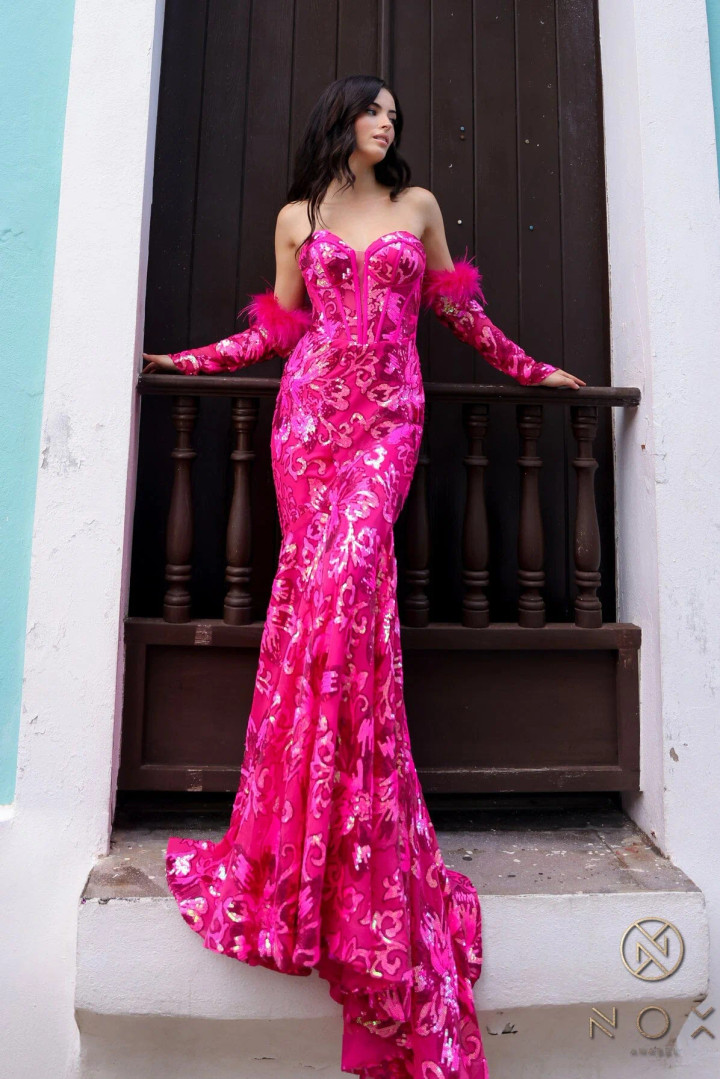 Nox Anabel D1269 Sequin Sweetheart Neck Long Sleeve Dress