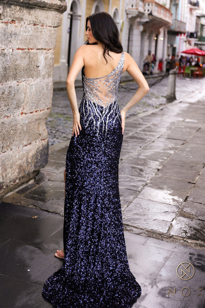 Nox Anabel E1280 Sequin Sheer One-Shoulder Fitted Prom Gown