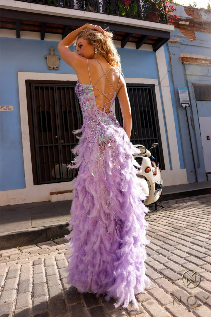 Nox Anabel C1413 Feather Sequin V-neck Sleeveless Prom Gown