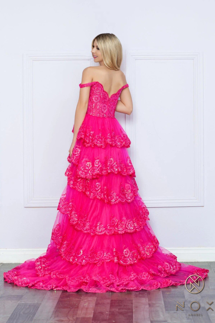 Nox Anabel R1299 Ruffle Lace Tiered Off Shoulder Long Dress