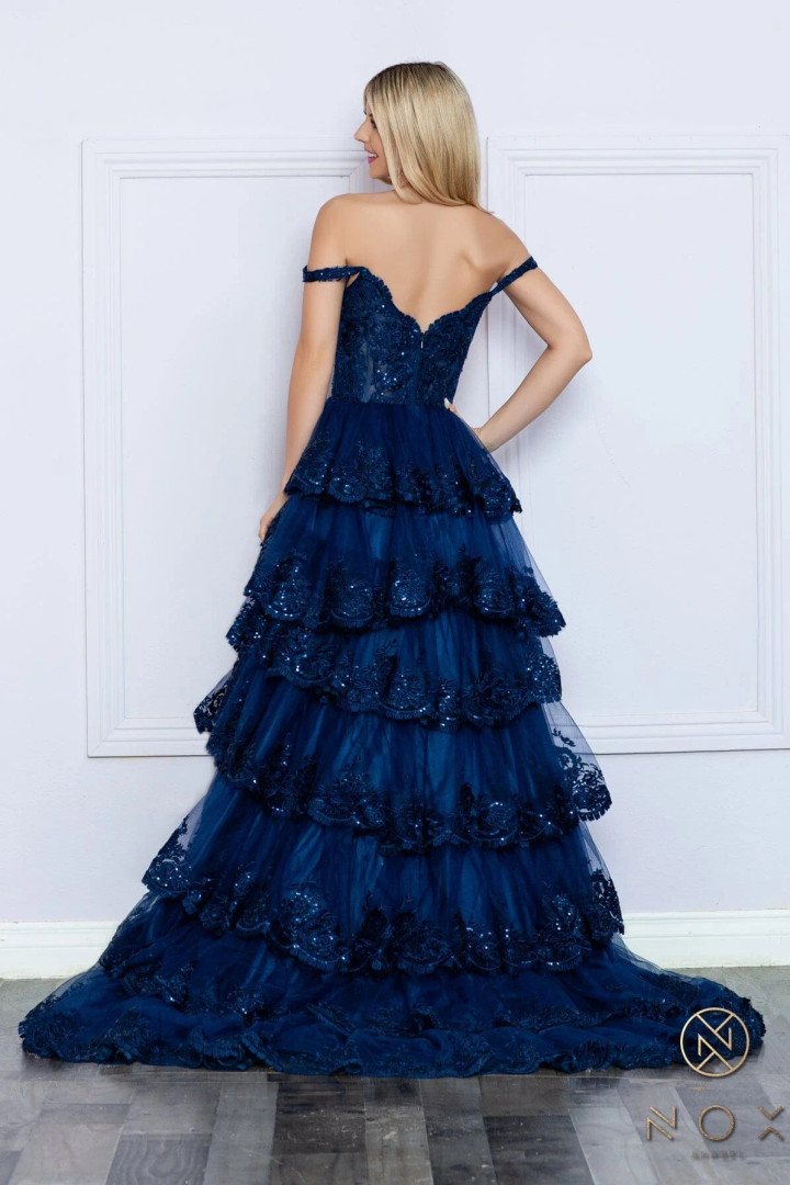 Nox Anabel R1299 Ruffle Lace Tiered Off Shoulder Long Dress